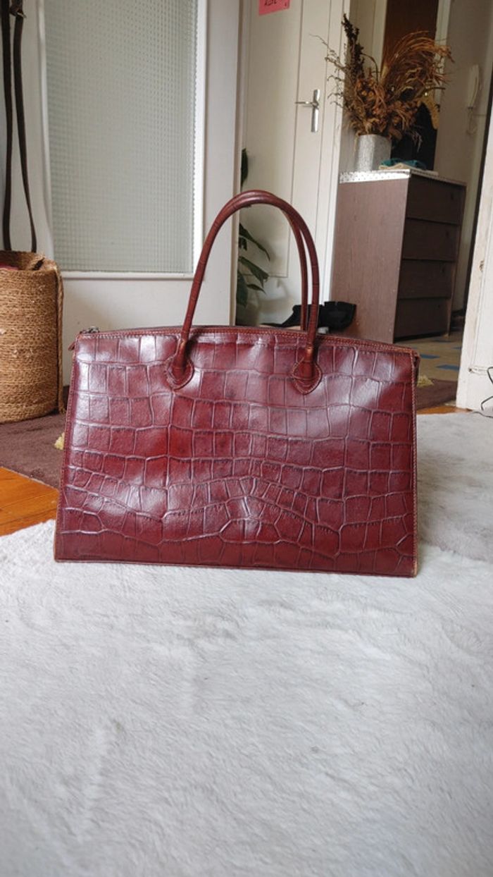 Sac à main en cuir véritable vintage motif exotique crocodile marron tirant sur le rouge - photo numéro 4
