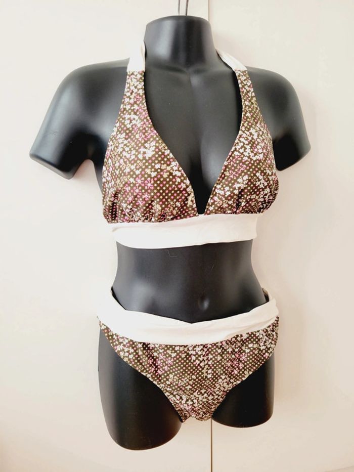 Maillot de bain 2 pièces taille XL 42 Lulu Castagnette fleurs vert rose - photo numéro 2