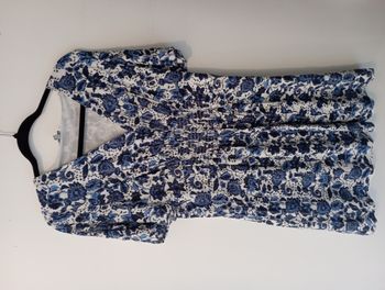 Robe col V Smockée à Fleurs Blanche et Bleu Taille 42 Creeks