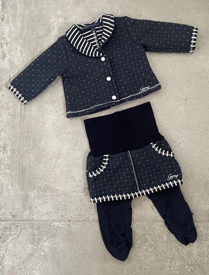 Ensemble gilet et legging avec jupe intégrée « GYMP » bleu marine et blanc taille 1 mois-56 cm