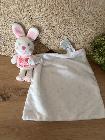 Doudou lapin rose blanc mouchoir pois shima 