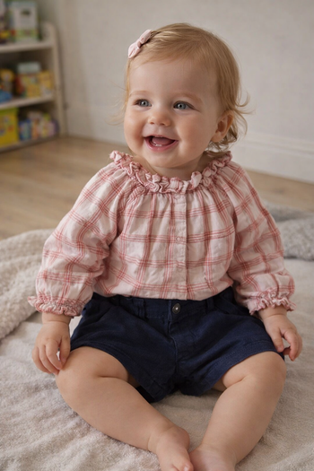 Blouse à carreaux rose & col volanté - Tape à l'œil - 12 mois (74 cm)