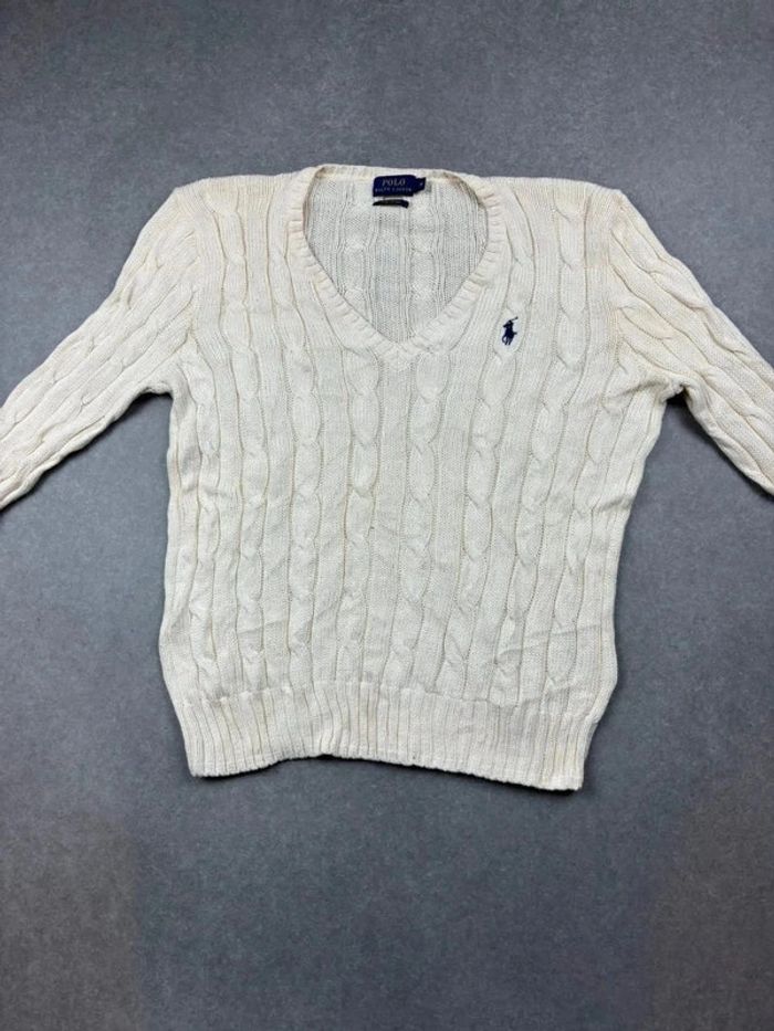 Pull d’hiver torsadé en maille pima Cotton blanc crème logo bleu marine col V taille M femme - photo numéro 2