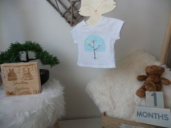 Jolie t shirt manche courte Obaibi blanc arbre bleu fille 1mois 53cm 