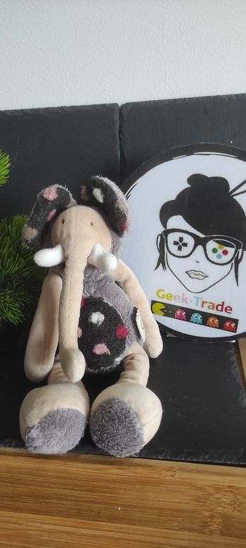 Peluche Baou éléphant Moulin roty Les Zazous doudou gris beige laine pois rouge rose