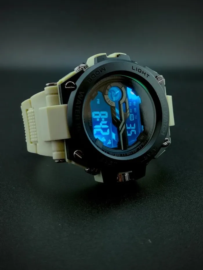 Montre digitale verte clair, waterproof, noire