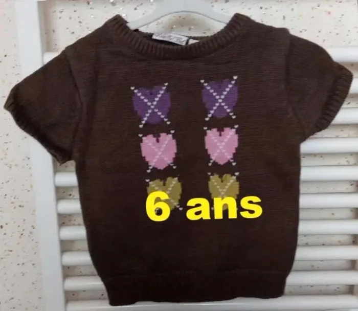 Pull manche  courte marron  motif  coeur  violet  rose  vert  anis  Knot  So  Bad Taille  6 ans
