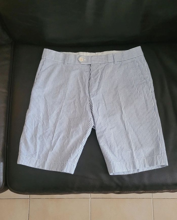 Bermuda short golf homme rayures bleu blanc