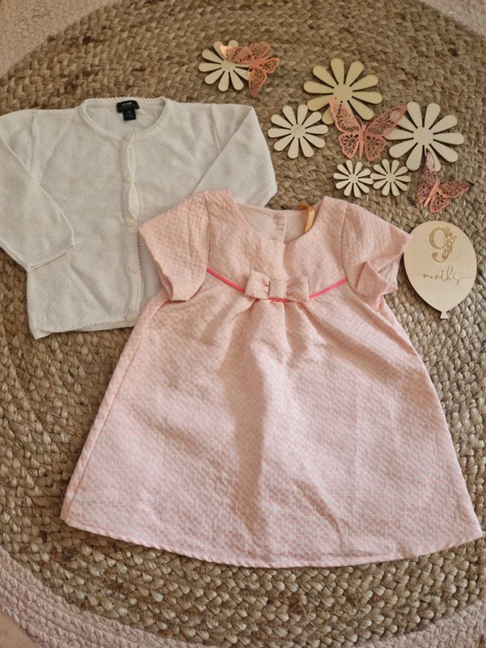 Ensemble gilet en maille blanc et robe rose orchestra bébé fille 9mois