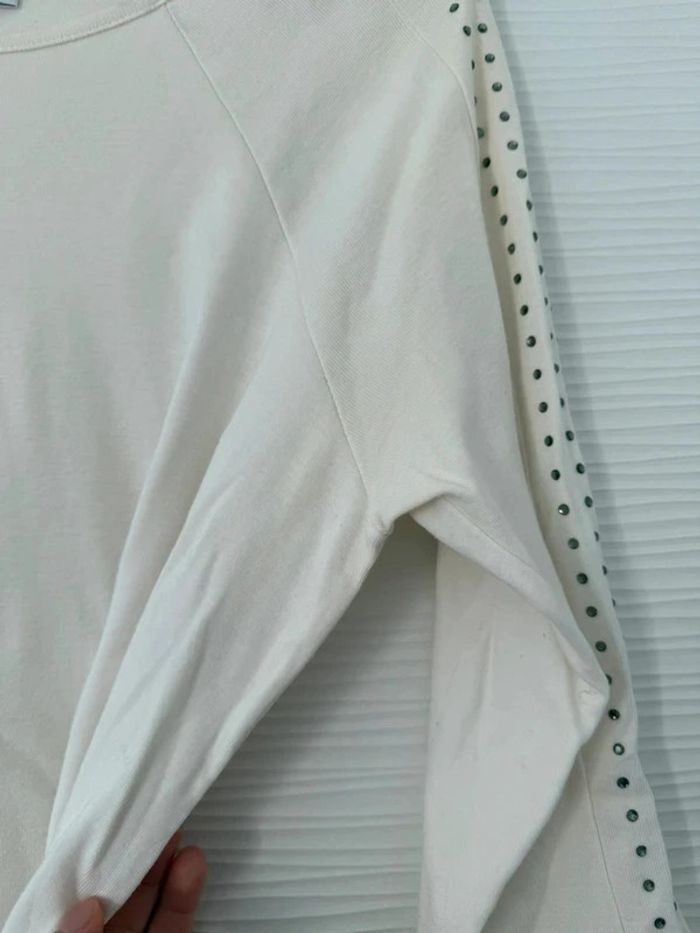 Haut t-shirt blanc crème uni manches 3/4 blanc avec strass col rond - photo numéro 3