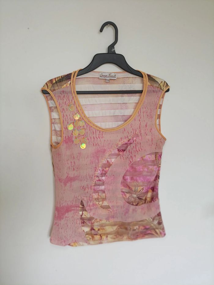 Unique Vintage Top texturé rose transparent à sequins dorés – Georges Franck
