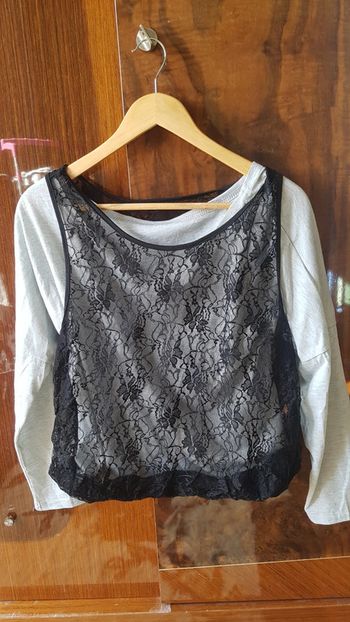 Tee shirt manche longue gris avec dentelle noir