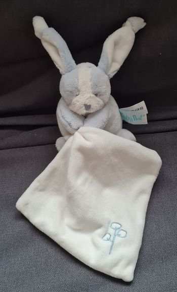 Doudou peluche Lapin bleu et blanc - Les Toudoux avec mouchoir fleur de coton - Baby Nat