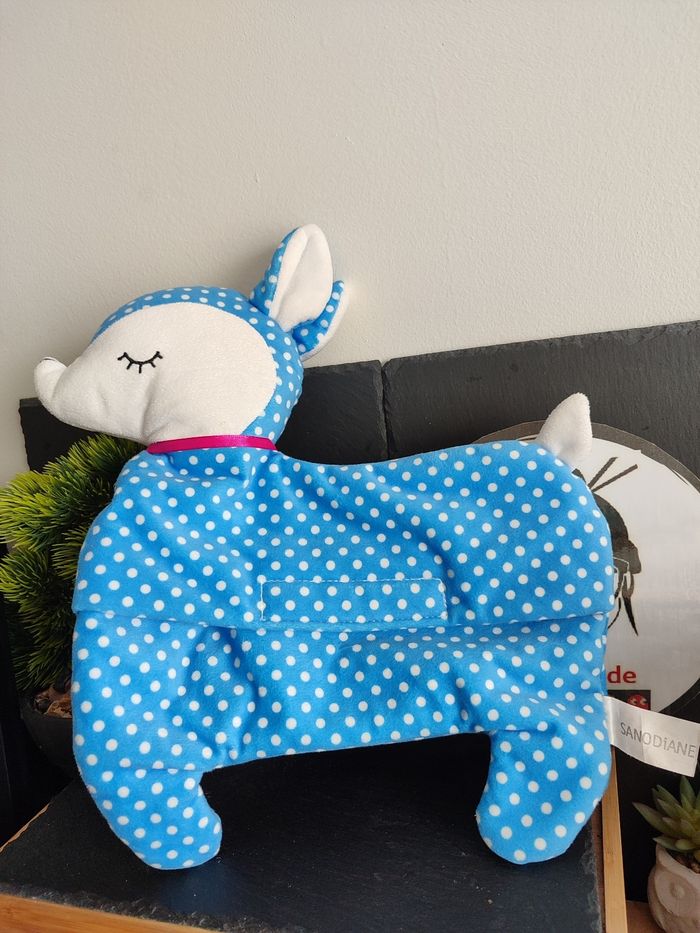 doudou peluche bouillotte biche faon sanodiane bleu blanc pois noeud violet Rose - photo numéro 2