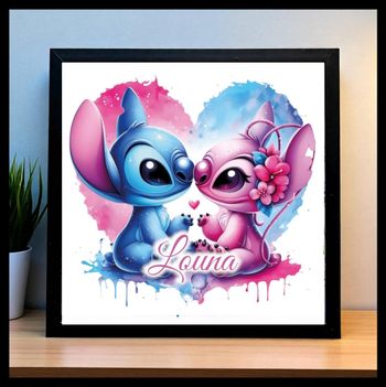 Cadre noir personnalisé Disney Stitch neuf sous emballage format 20x20cm