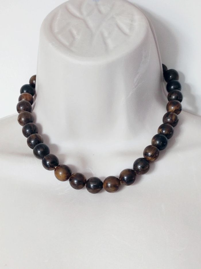 Collier ras de cou perle ronde bois vernis marron noir vintage / Fabrication artisanale - 42cm