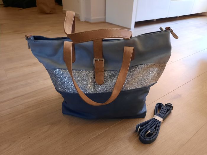 Sac à main fourre-tout bleu simili cuir avec strass - photo numéro 2