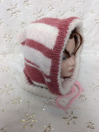 Cagoule femme hood Balaclava rayée rose et crème