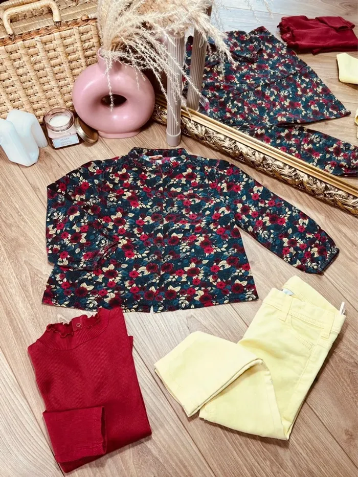 Taille 3 ans tenue 3 pièces fille multimarques bordereau jaune * fleurs * 🩷