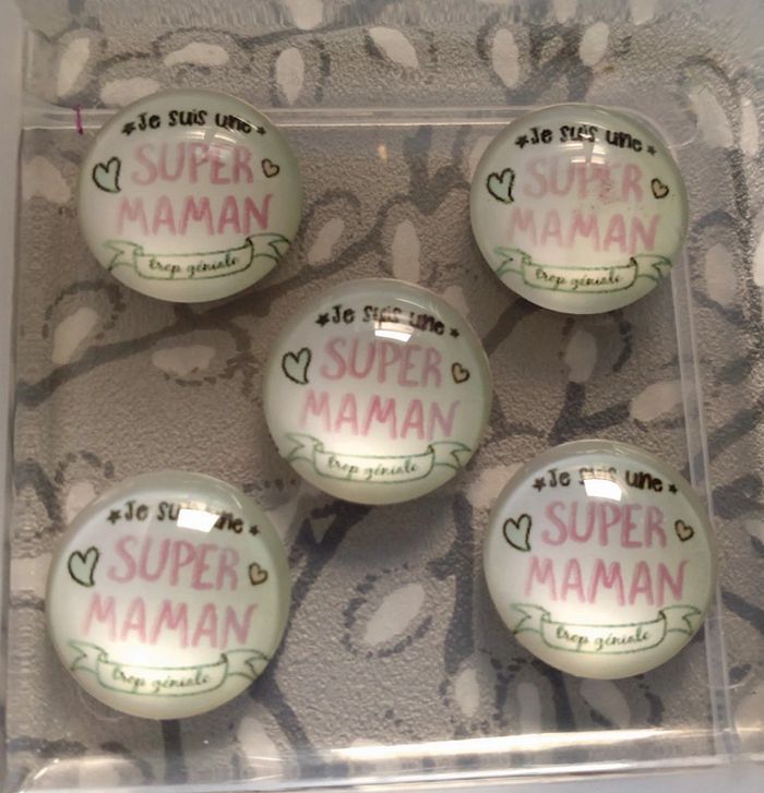 Lot de 5 cabochons en verre, message Je suis une super maman trop géniale!