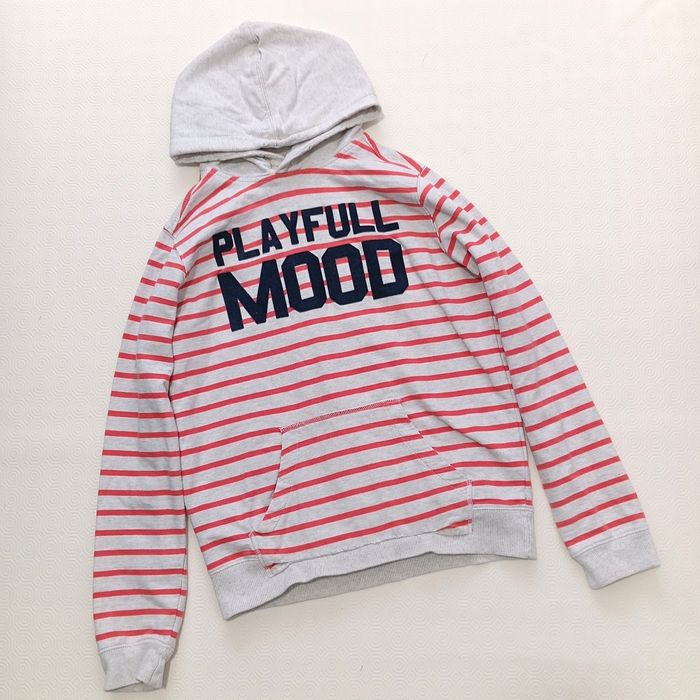 Sweat a Capuche Okaïdi Gris Clair a Rayures. Taille 14 ans 164 cms. 100% coton