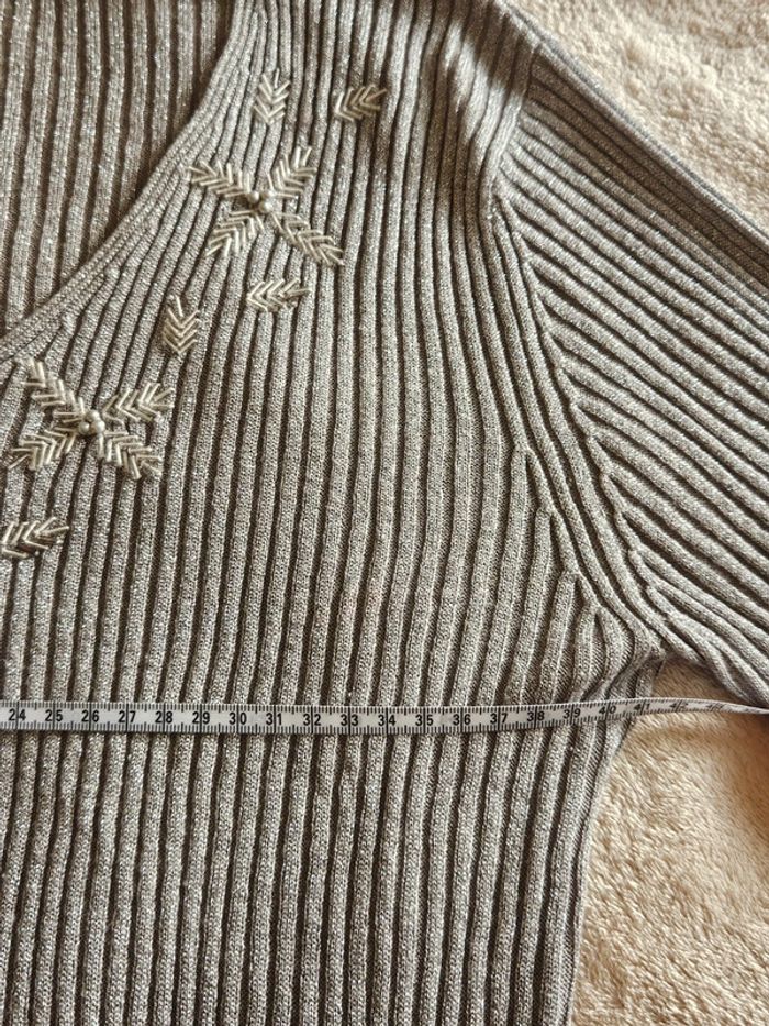 Pull fin côtelé argenté brillant et perles Vintage - photo numéro 5