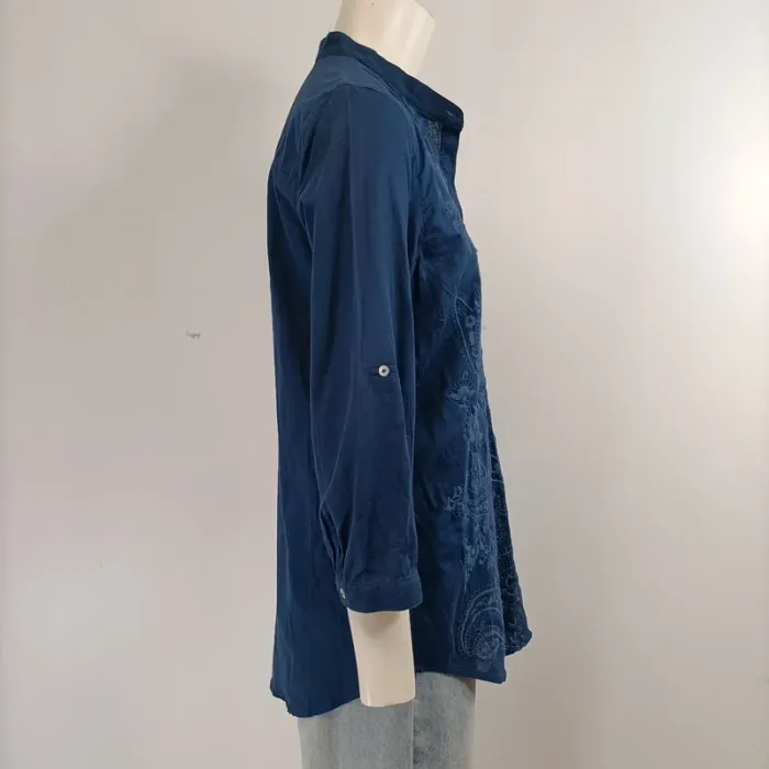 Chemise col Mao - broderie fleurs - 100% coton - Bleu marine - Massimo Dutti ; 34 A293 - photo numéro 6