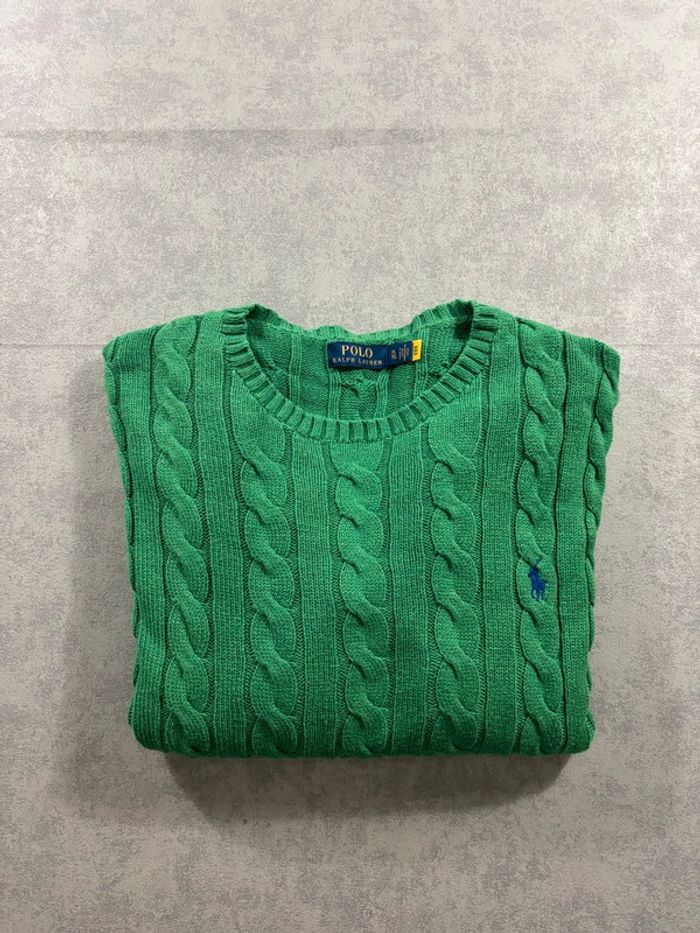 Pull Torsadé Ralph Lauren Vert logo brodé bleu Taille XL