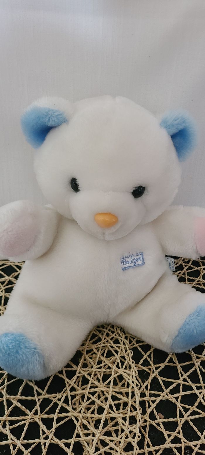 Peluche ours BOULGOM bleu blanc vintage nez rose 30 cm - photo numéro 3