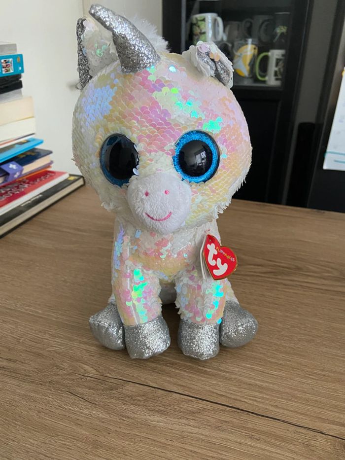 Grande peluche Ty flippables, licorne blanche à sequins