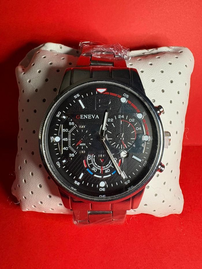 montre Geneva argenté avec cadran noir à quartz pour hommes avec date - photo numéro 3