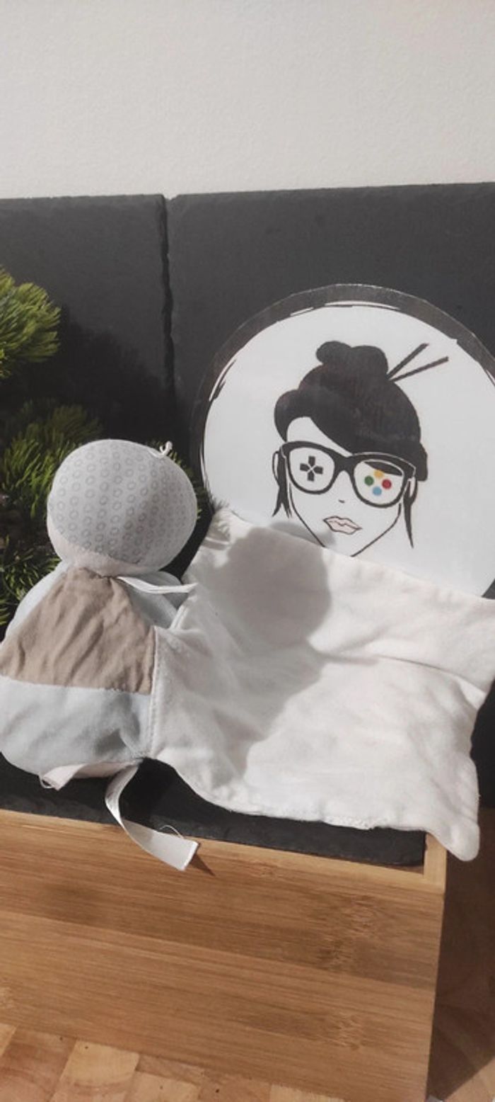 doudou berlingot poupee garçon boulet mouchoir bleu marron rond beige carreaux - photo numéro 2