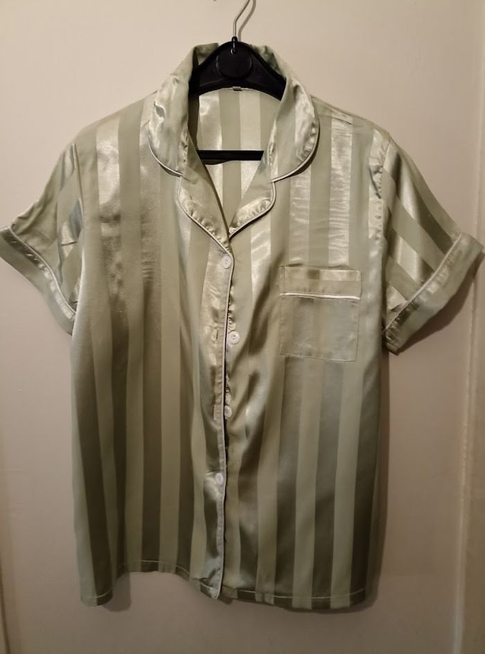 Pyjama Satin Vert Menthe Rayé - Style Loungewear (Taille L, convient M - photo numéro 3