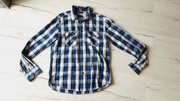 Vêtement homme chemise à carreaux bleu gris noir Célio taille M