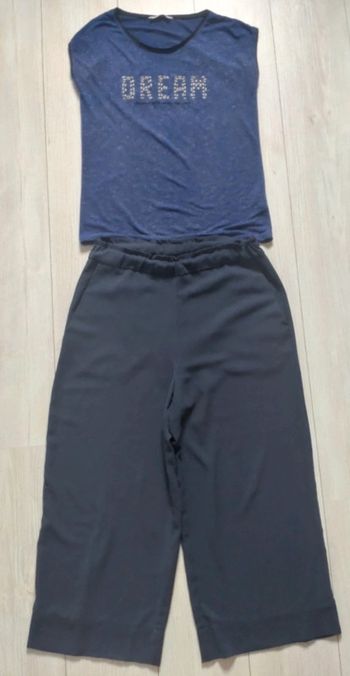 Pantalon fluide large bleu marine femme taille 40 + donne un t-shirt bleu "Dream"