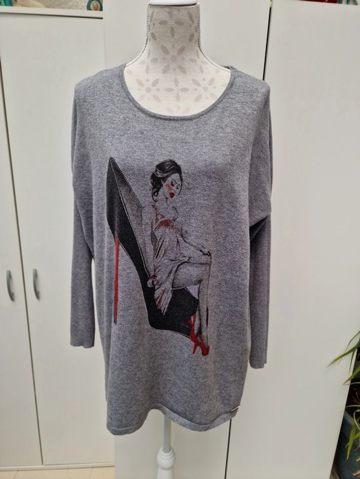 Sweat Gris Imprimé Femme Talon Strass