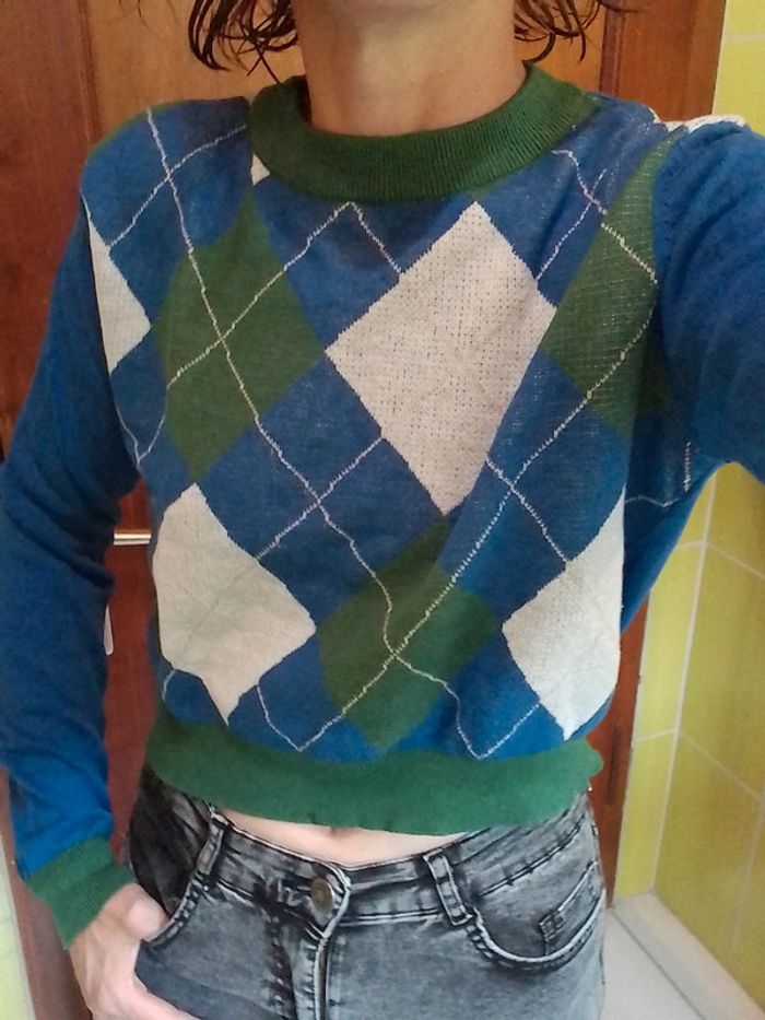 Pull femme croq top à carreaux vert et bleu Shein