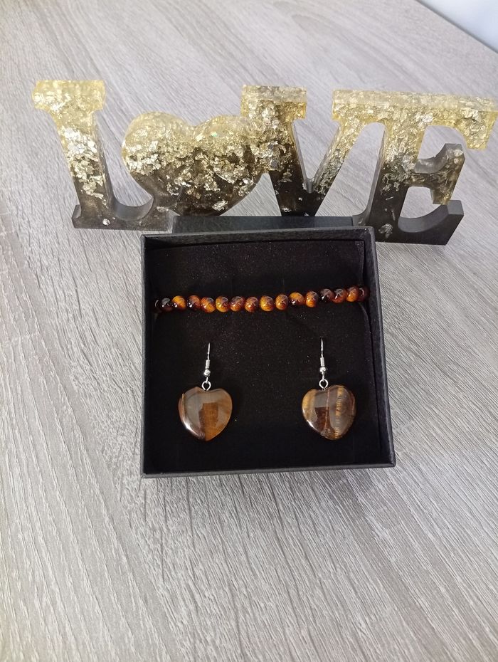 Joli ensemble boucles d'oreilles+bracelet pierre naturelle oeil du tigre