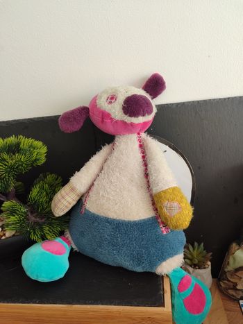 Doudou Peluche lapin chien La famille petitpas Moulin Roty bleu rose violet