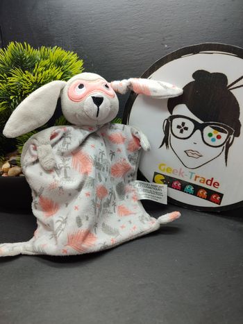 Doudou plat Lapin masqué gris blanc rose so cute Ikks Berdoues Noir Fleur Lovely