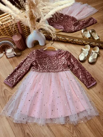 Taille 4 ans Robe à manches longues fille rose * velours tulle sequins * 💞