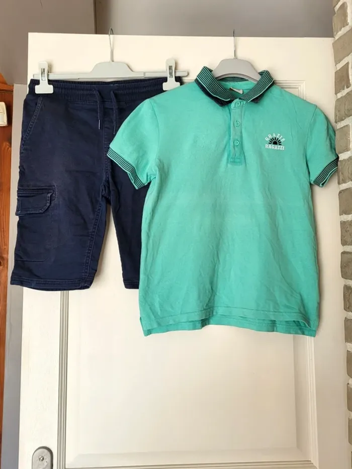 Ensemble garçon bermuda cargo bleu marine et polo turquoise - Gémo / Tape à l'œil