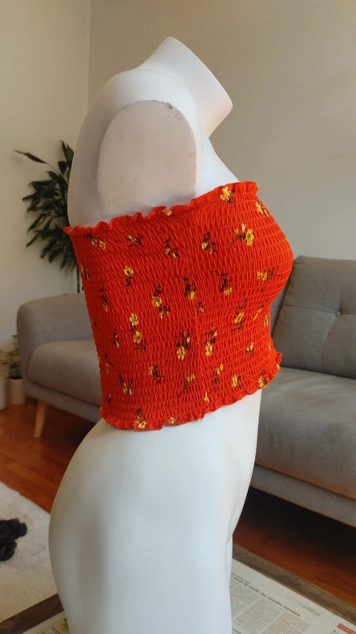 Crop top élastique Marque Ardene taille s couleur orange corail rouge motif à fleurs - photo numéro 5