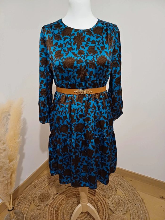 Robe fluide bleue et marron Sfera taille L 40
