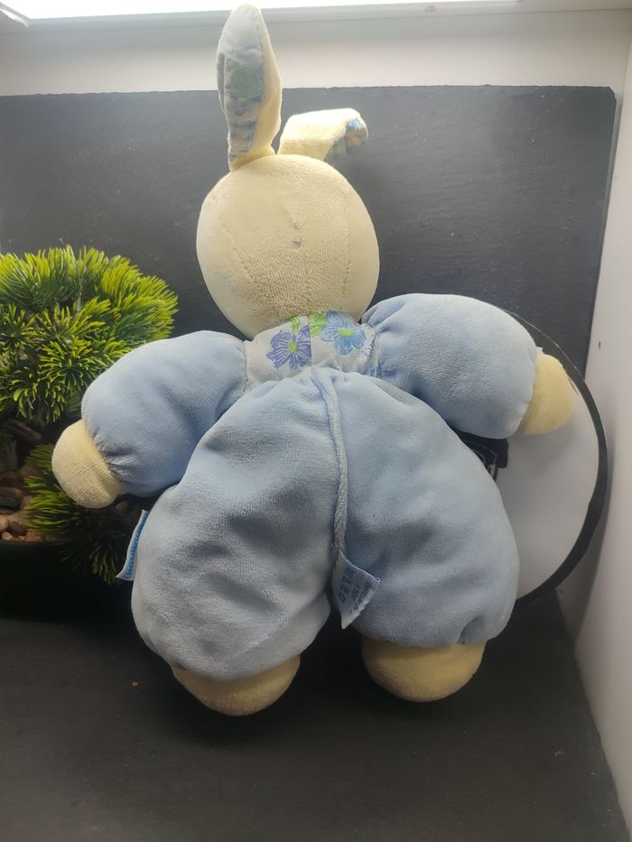 peluche doudou lapin ancien nounours bleu beige bleue de toi poche carreaux 300 - photo numéro 2