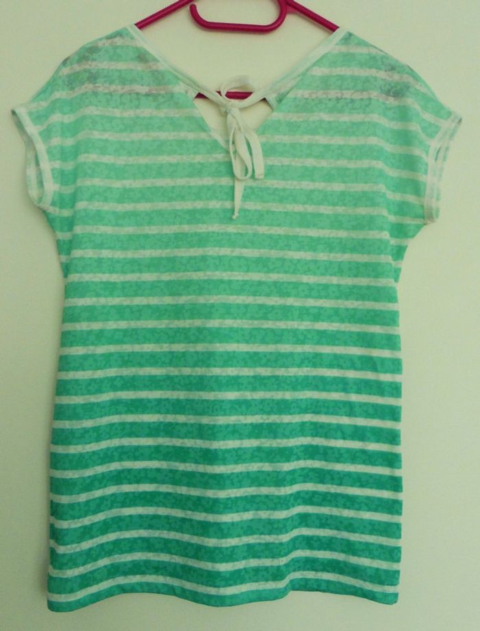 T shirt raye degrade de vert et blanc. Camaieu. Coton. Taille 38 - photo numéro 5