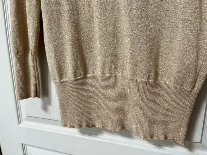 Pull fin col V beige à paillettes doré, taille 42 - photo numéro 7