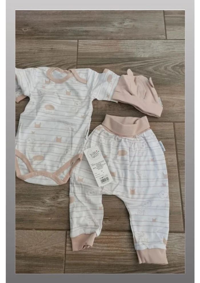 Ensemble 3 pièces body, pantalon et bonnet beige rosé Baby sweets Taille 74