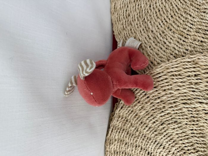 Doudou Chien Hochet grelot Edouard Le Canard Moulin Roty rouge beige ecru taupe creme marron raye a - photo numéro 4