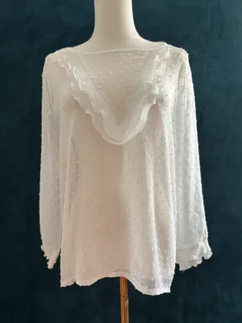 Blouse blanche plumetis romantique à volants plissés – Taille L